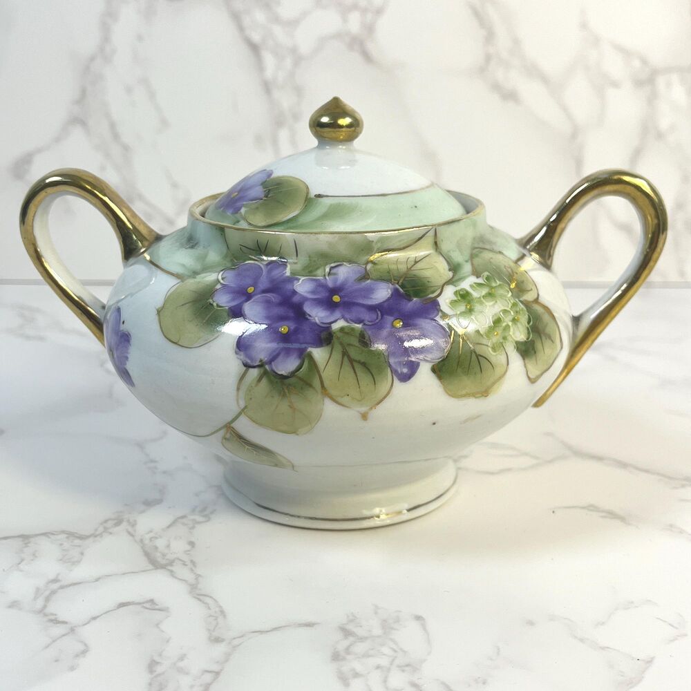 Antique Nippon Hand Painted Sugar Bowl, Violet Floral Porcelain, Gold Gilt